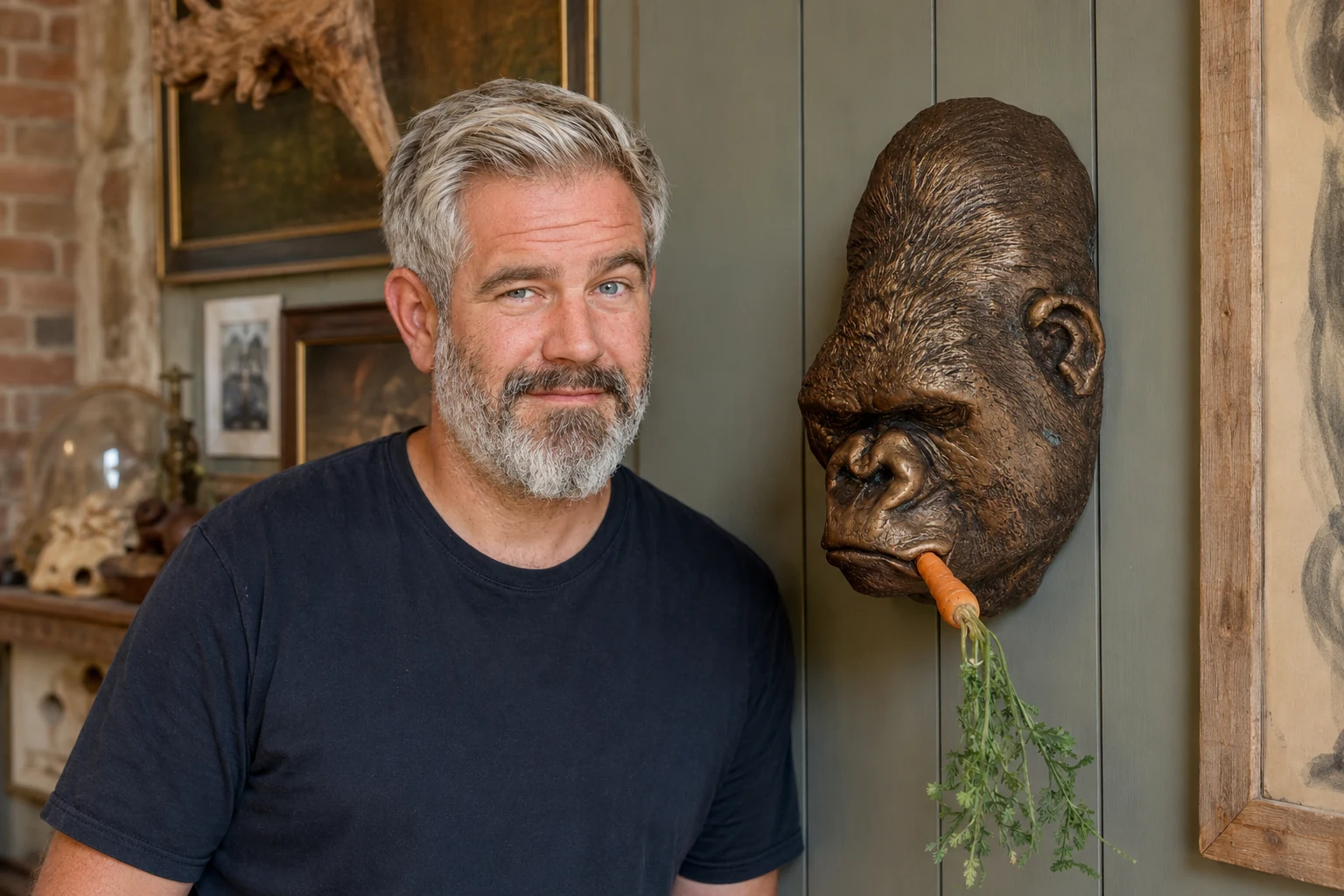 Benjamin neben dem Gorillakopf mit Karotte