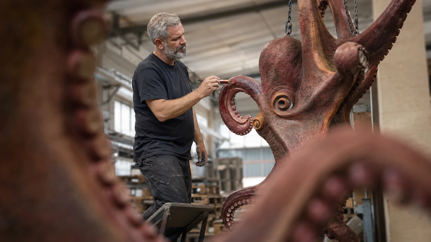 Benjamin arbeitet am Tintenfisch, im Vordergrund die Arme